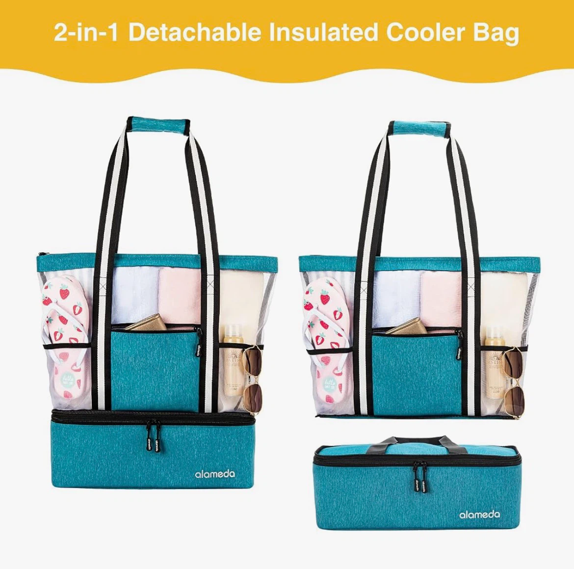 Turquoise Mesh Beach Tote Bag with detachable cooler bag - photo 3