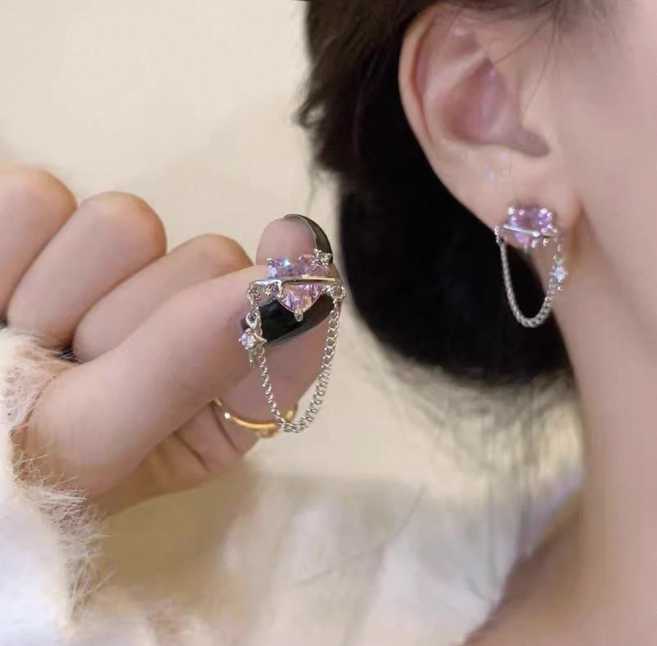 Pink Heart Chain Drop Earrings S925