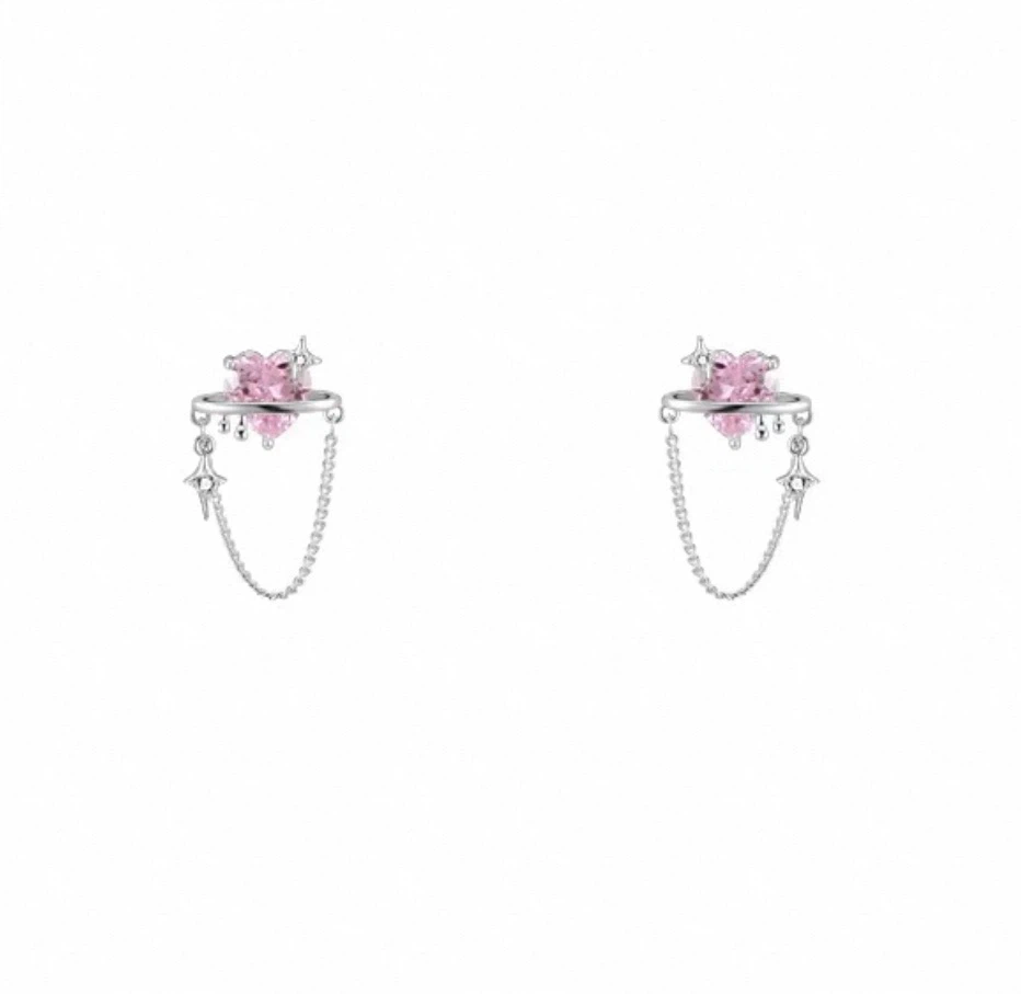 Pink Heart Chain Drop Earrings S925 - photo 2