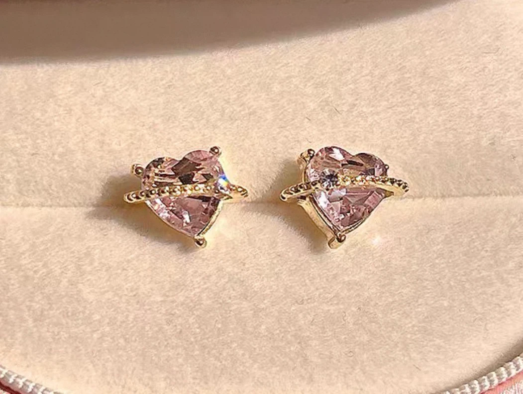 Pink Heart Earrings with Gold Tone Band
