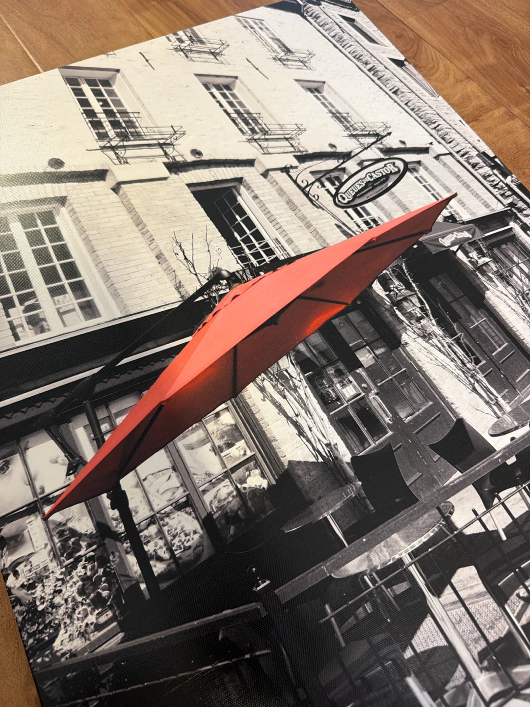 Black and White Cafe Scene with Red Umbrella Canvas Art - photo 4
