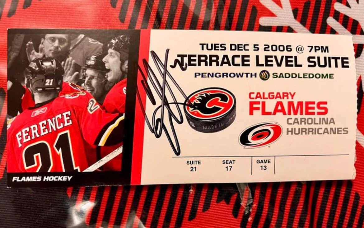 Signed Calgary Flames vs Carolina Hurricanes ticket