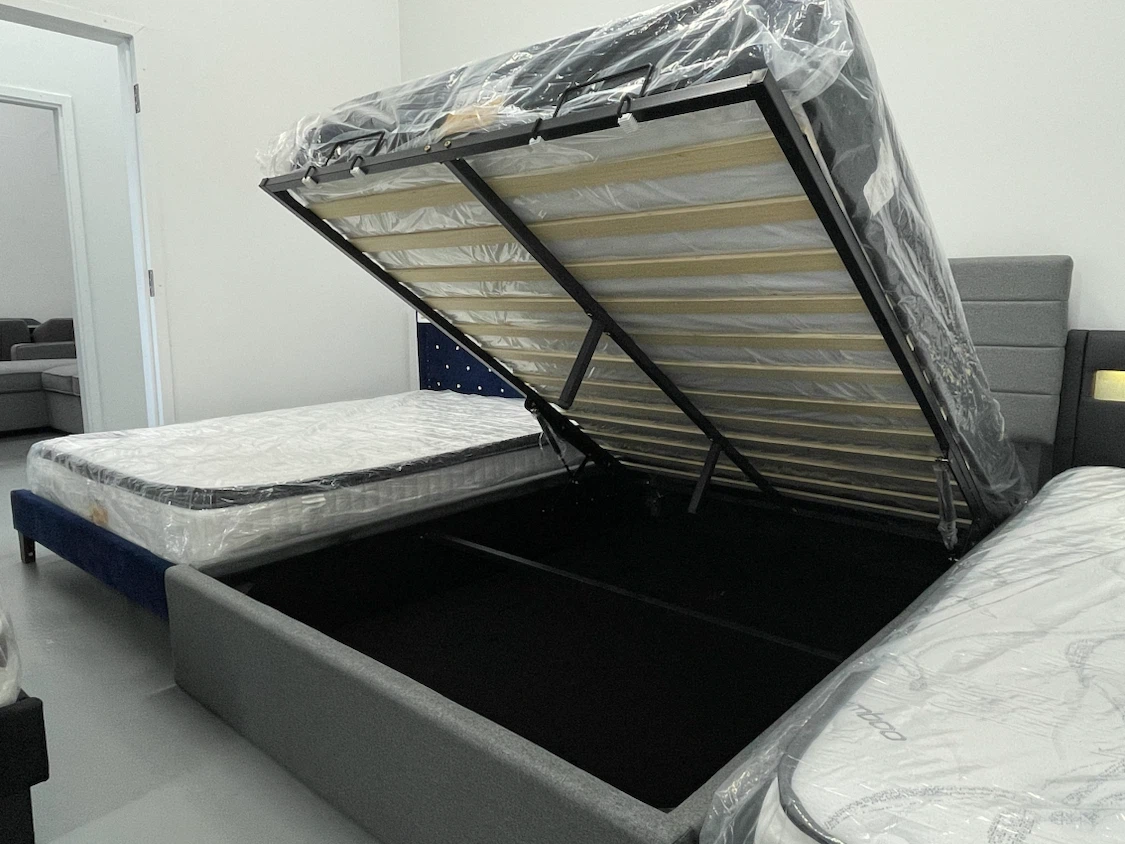 Storage bed frame with lift-up mechanism & storage