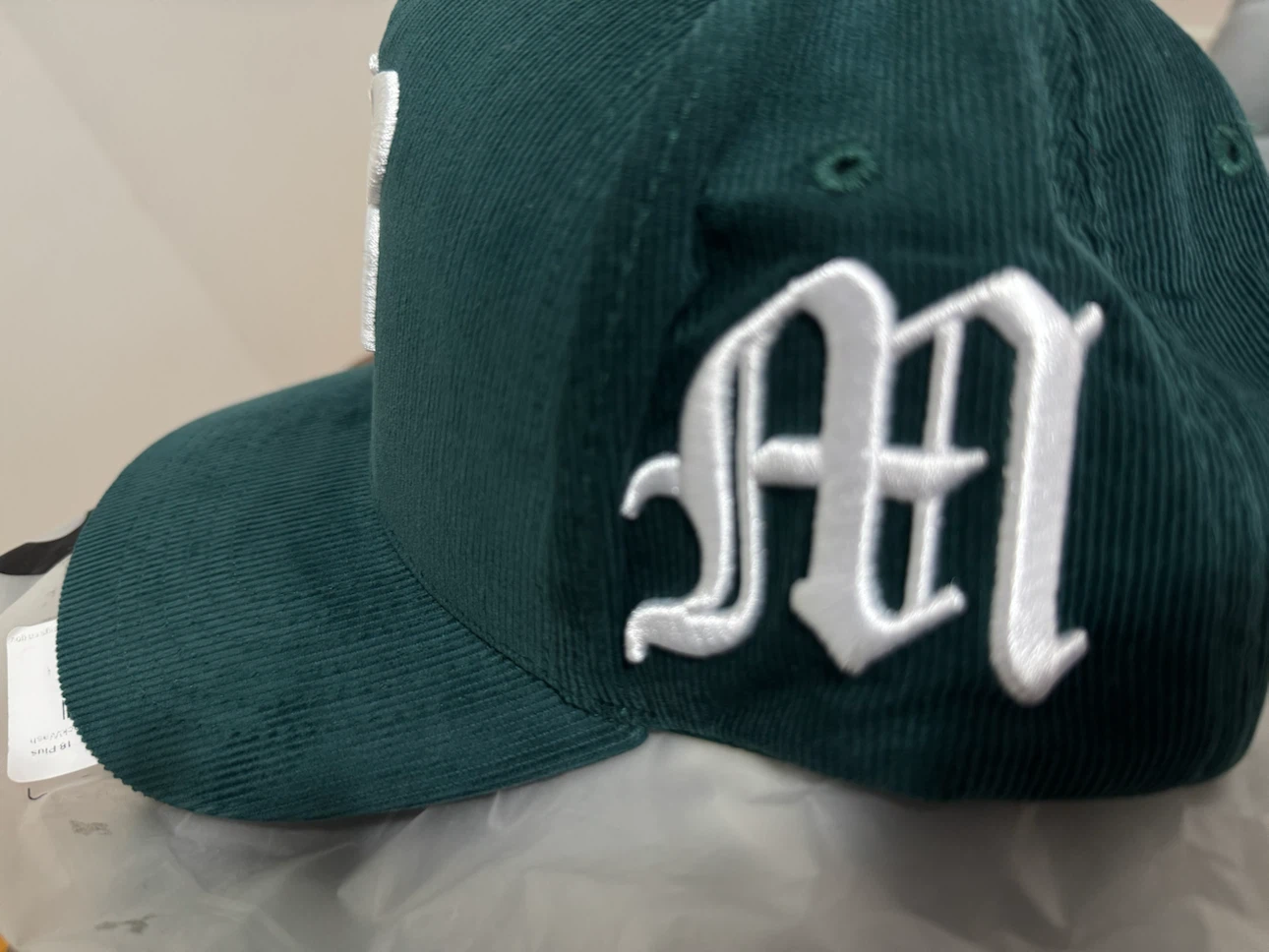 Green Corduroy Baseball Cap with Embroidered Letters