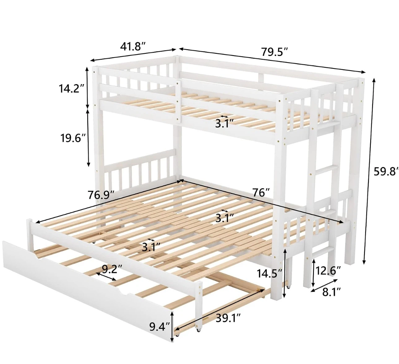 White Triple Bunk Bed with Trundle - photo 4