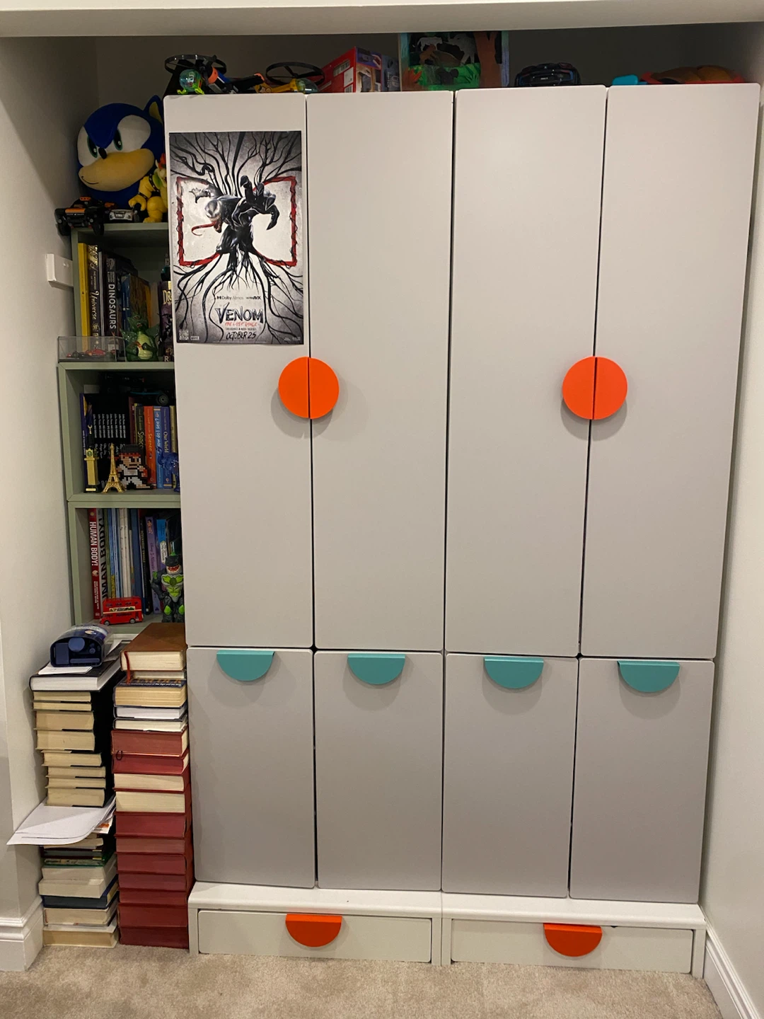 Grey Wardrobe with Orange and Teal Handles