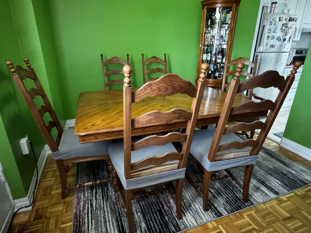 Wooden table with extension and 6 chairs