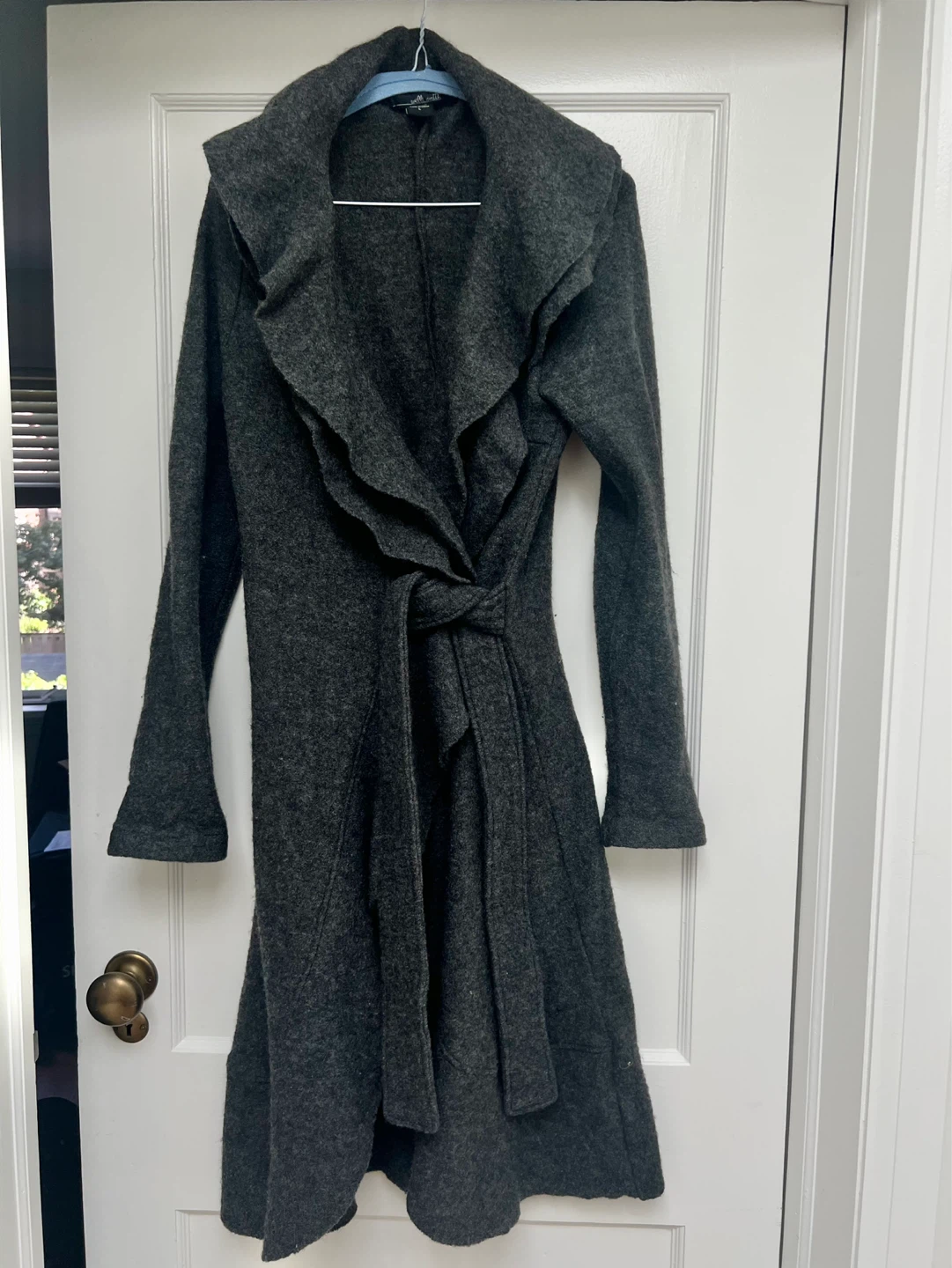 Charcoal Grey Ruffle Front Boiled Wool Coat