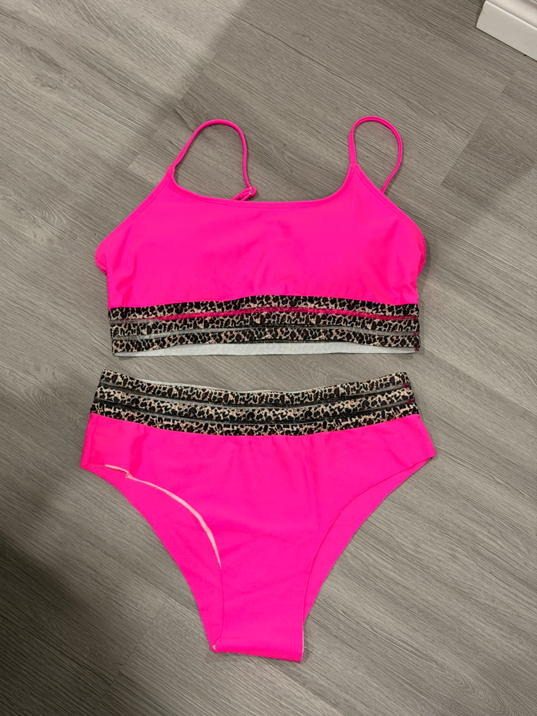 Pink Swimsuit Set with Leopard Print Trim
