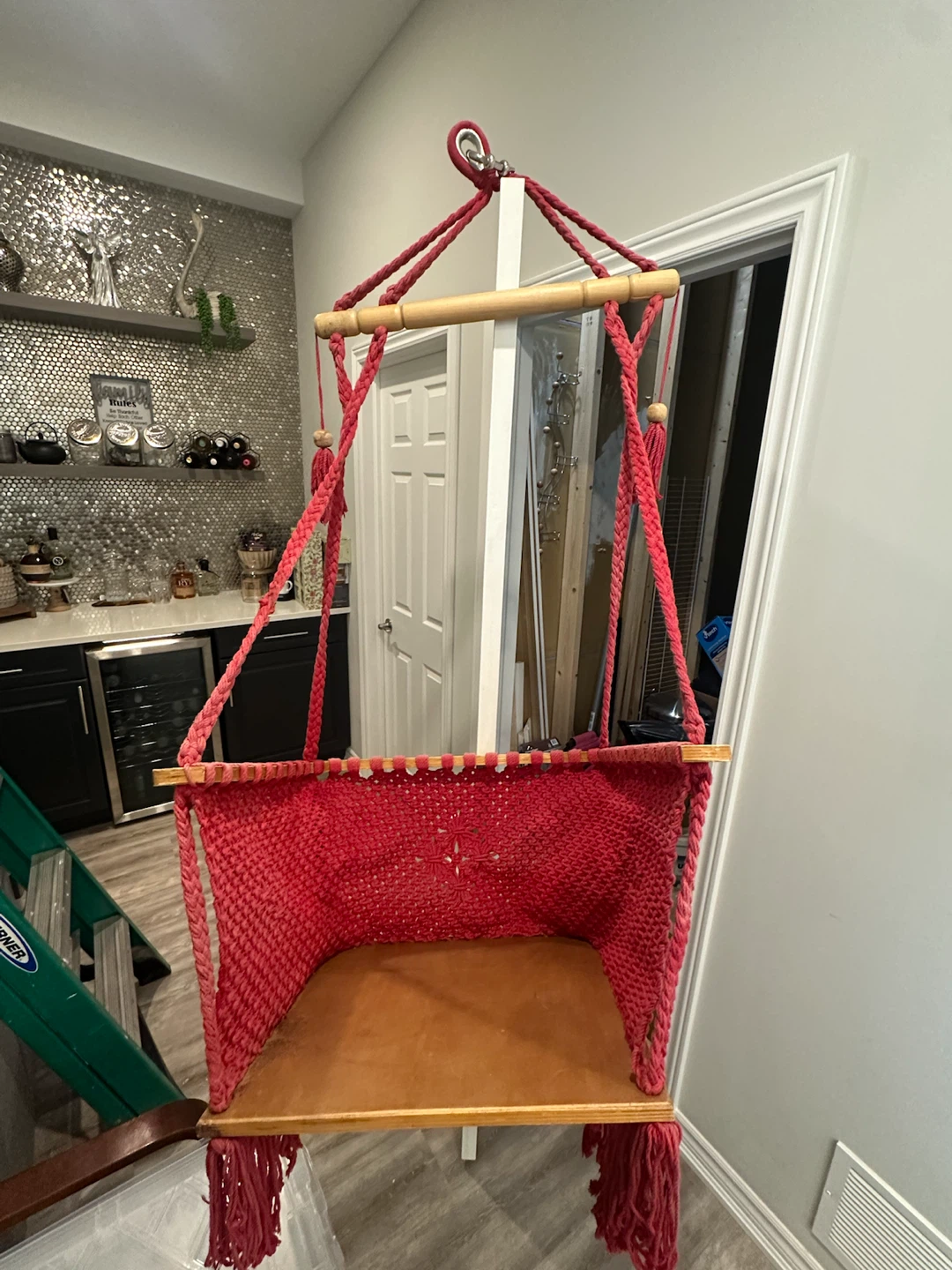 Red Macrame Baby Swing with Wood Seat