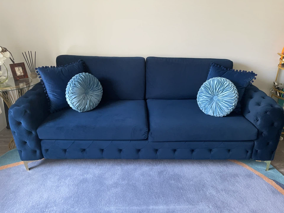 Dark Blue Velvet Tufted Sofa with Decorative Pillows
