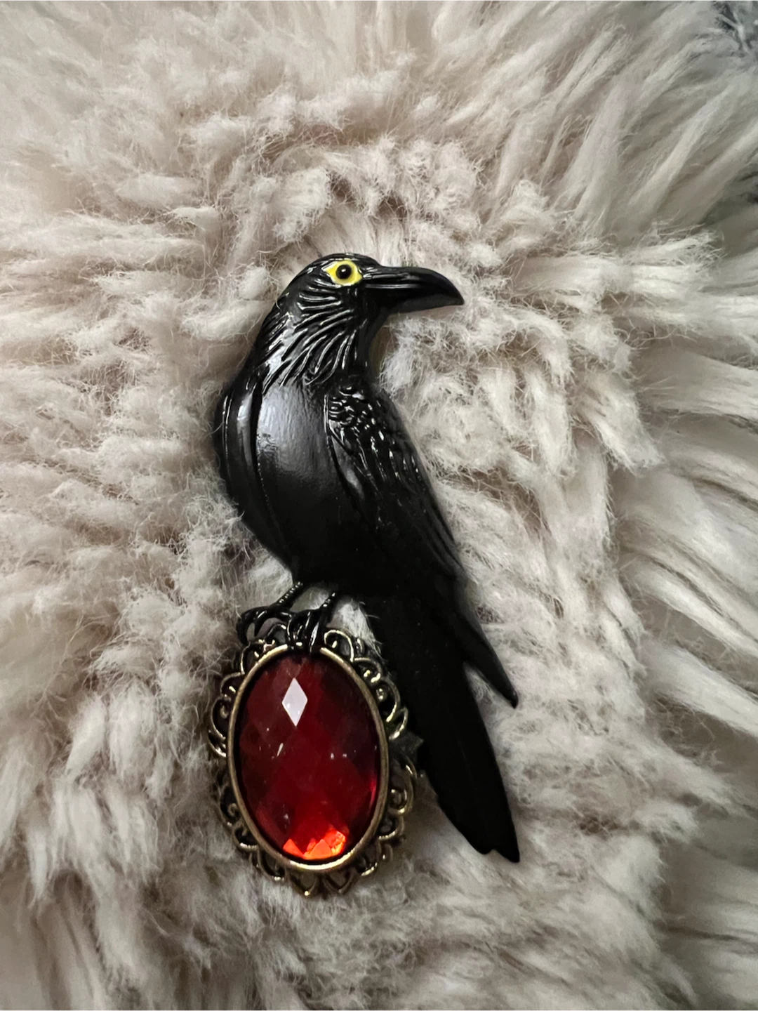 Black Raven Brooch with Red Gem