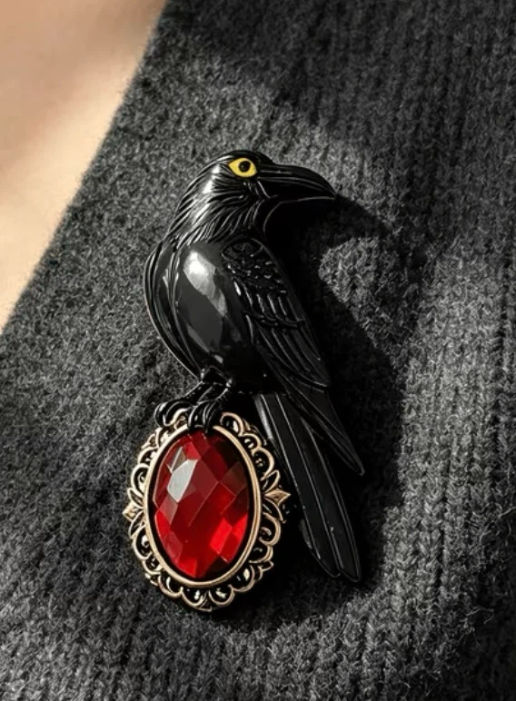 Black Raven Brooch with Red Gem - photo 4