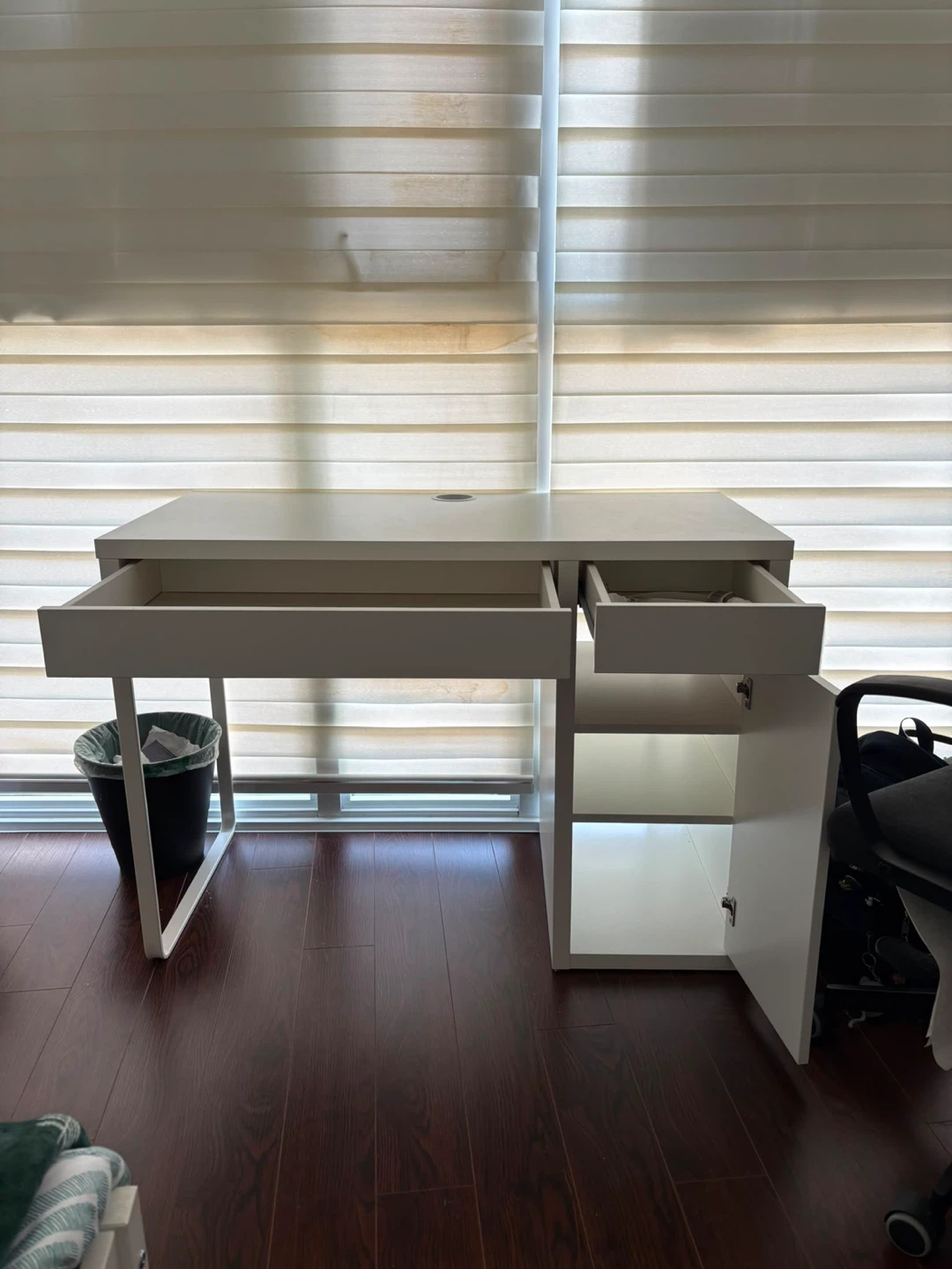 IKEA MICKE white desk with drawer, cabinet, and cable outlet