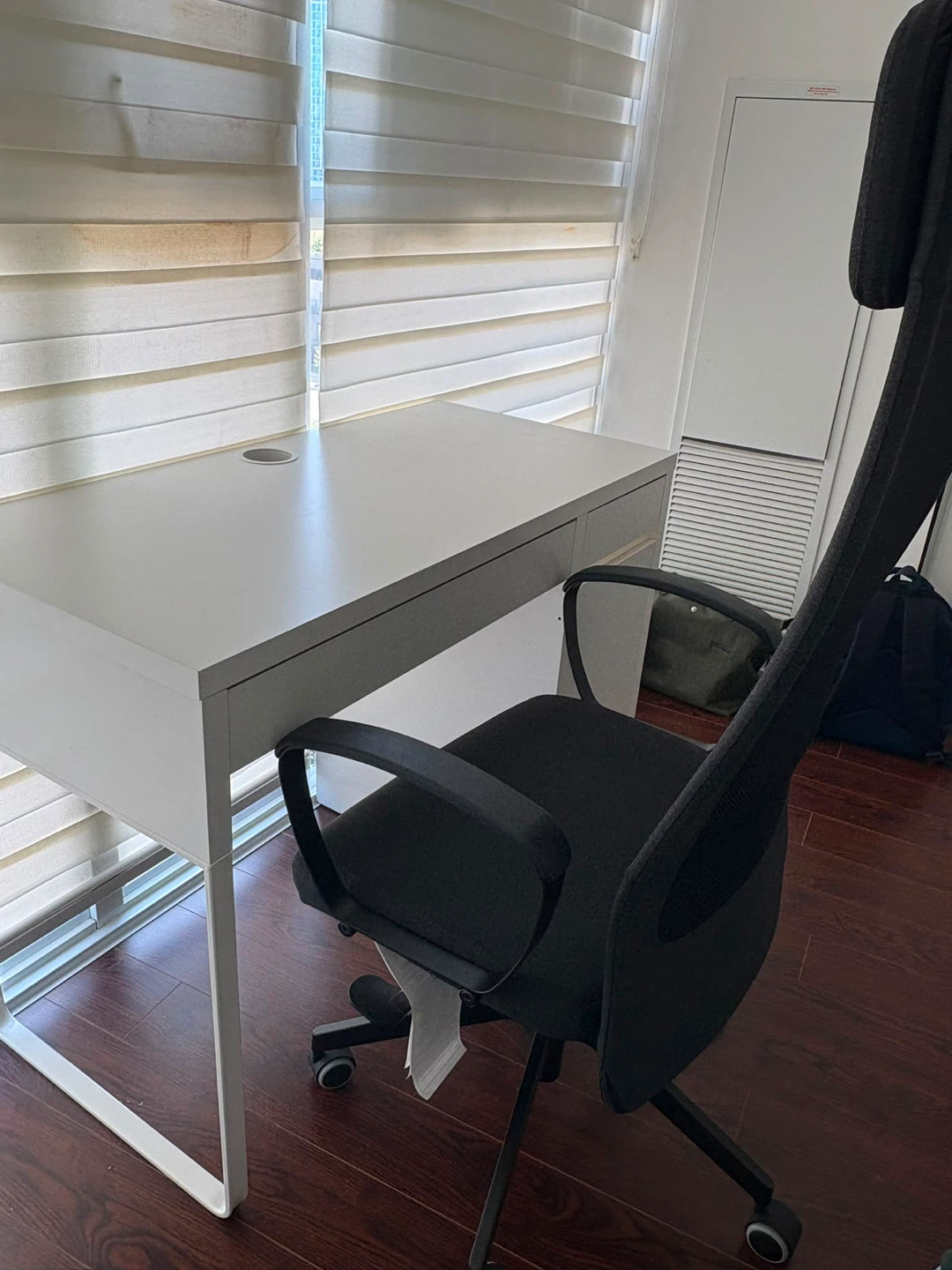IKEA MICKE white desk with drawer, cabinet, and cable outlet - photo 2