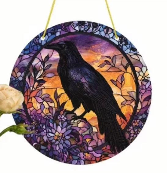 Round Raven Stained Glass Suncatcher Wall Art