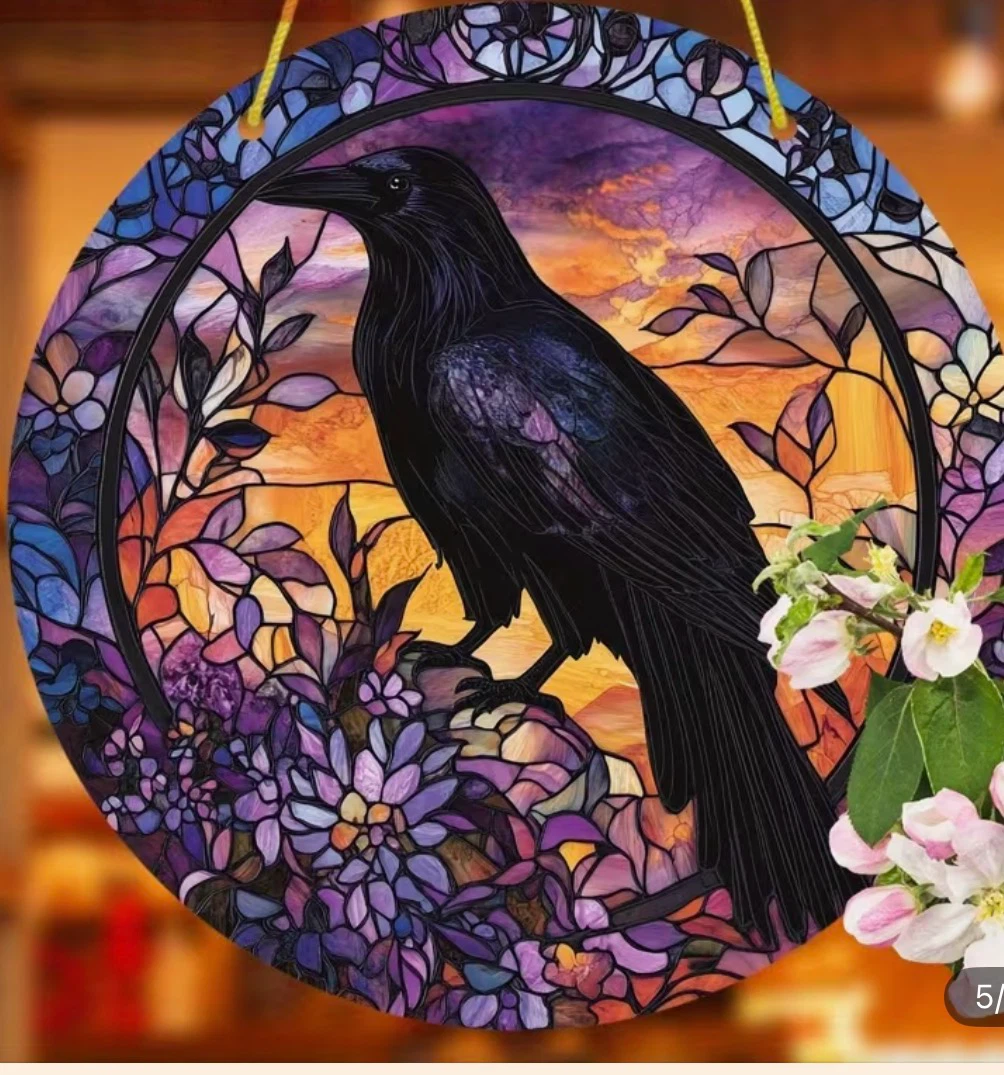 Round Raven Stained Glass Suncatcher Wall Art - photo 4