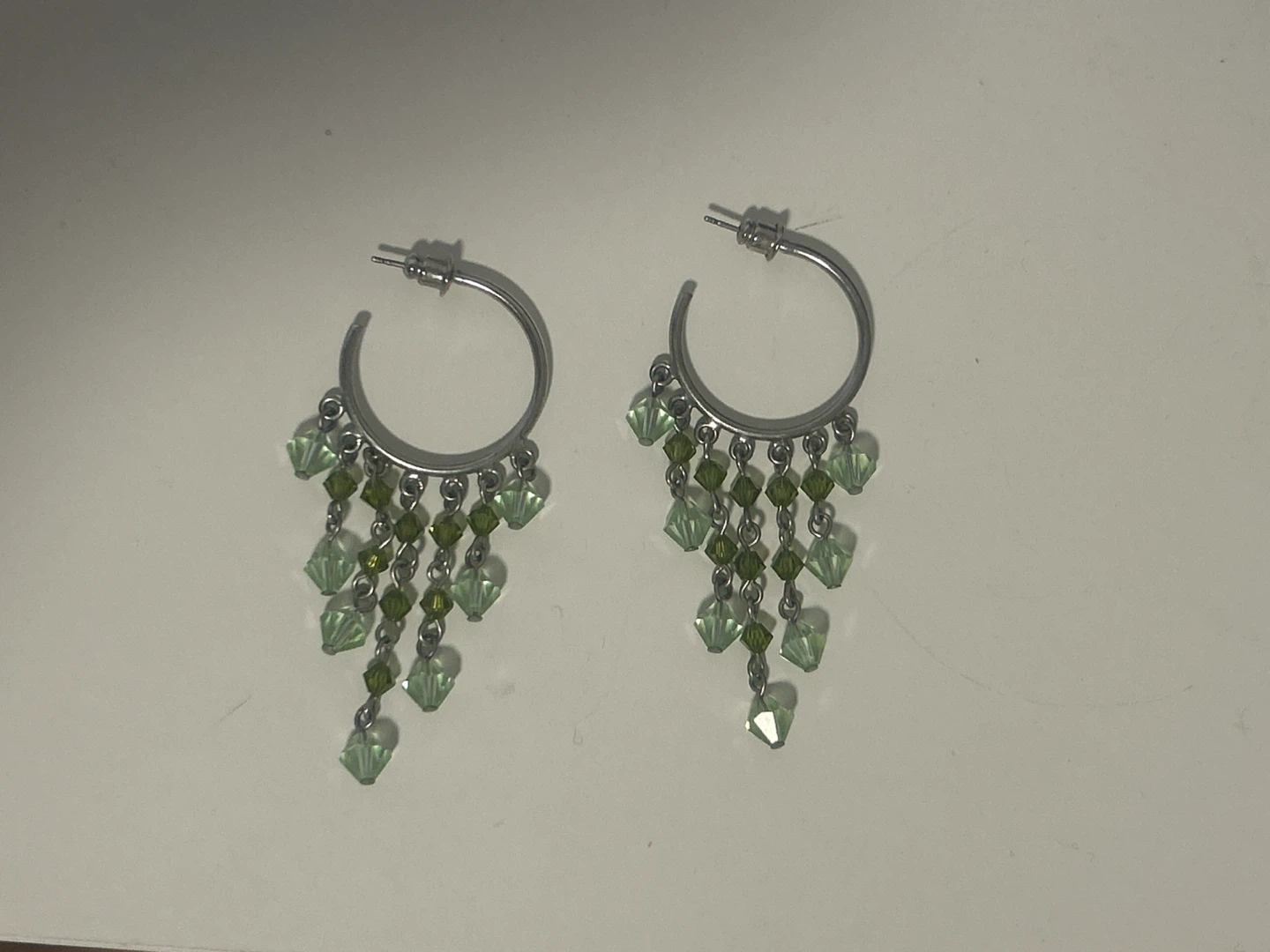 Silver Hoop Earrings with Green Crystal Dangle Charms