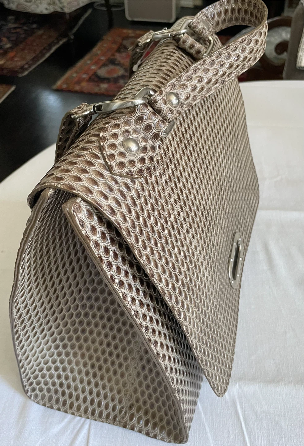 Brown Embossed Handbag with Silver Clasp - photo 3