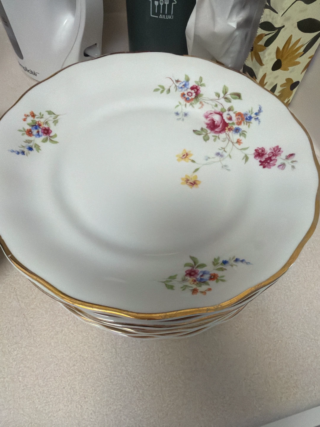 Set of Vintage Floral Plates with Gold Trim