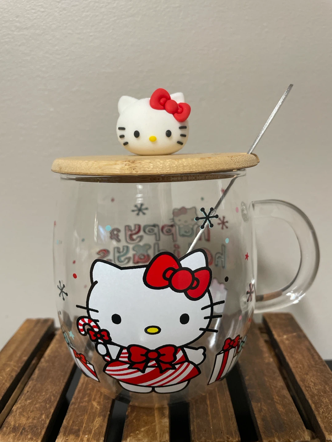 Hello Kitty Happy Holidays Glass Mug with Lid and Spoon