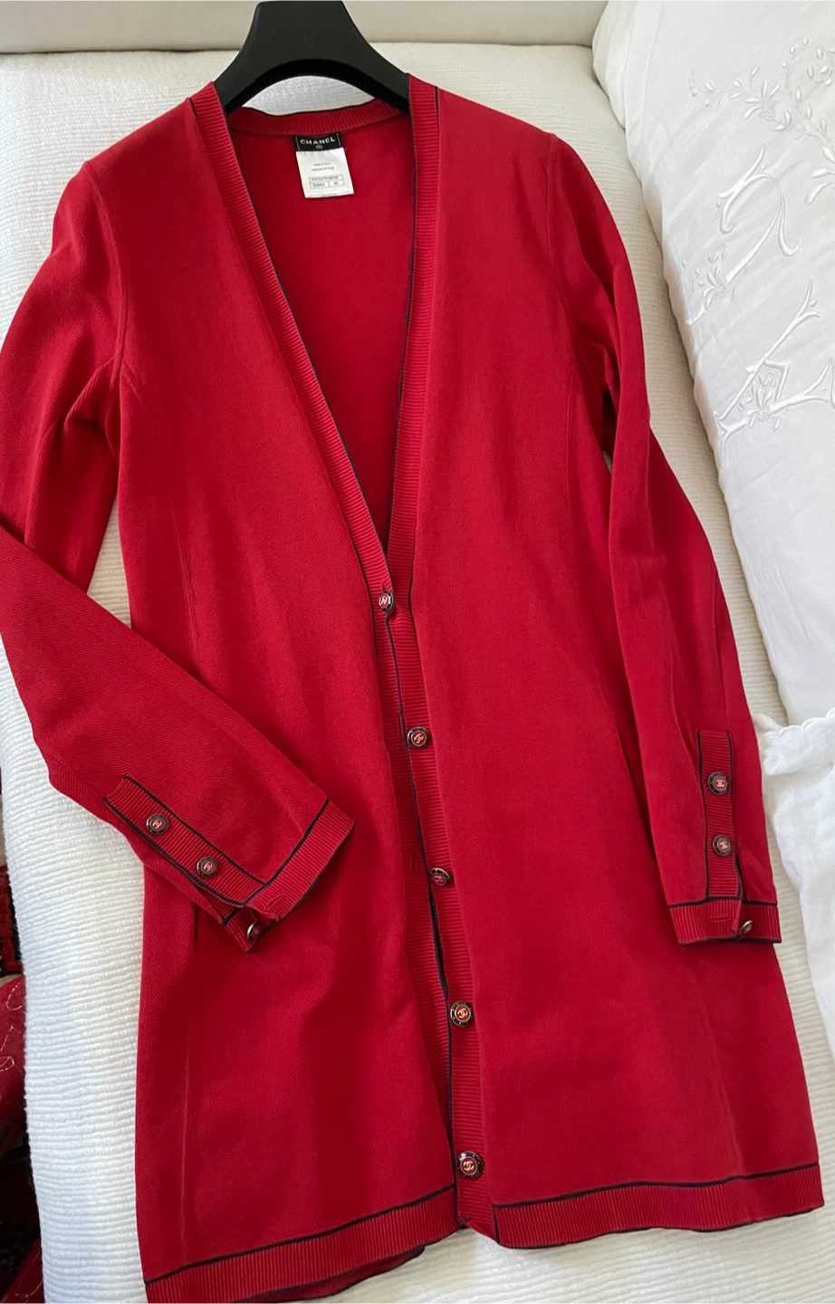 Chanel Red Cardigan with Black Trim and CC Buttons