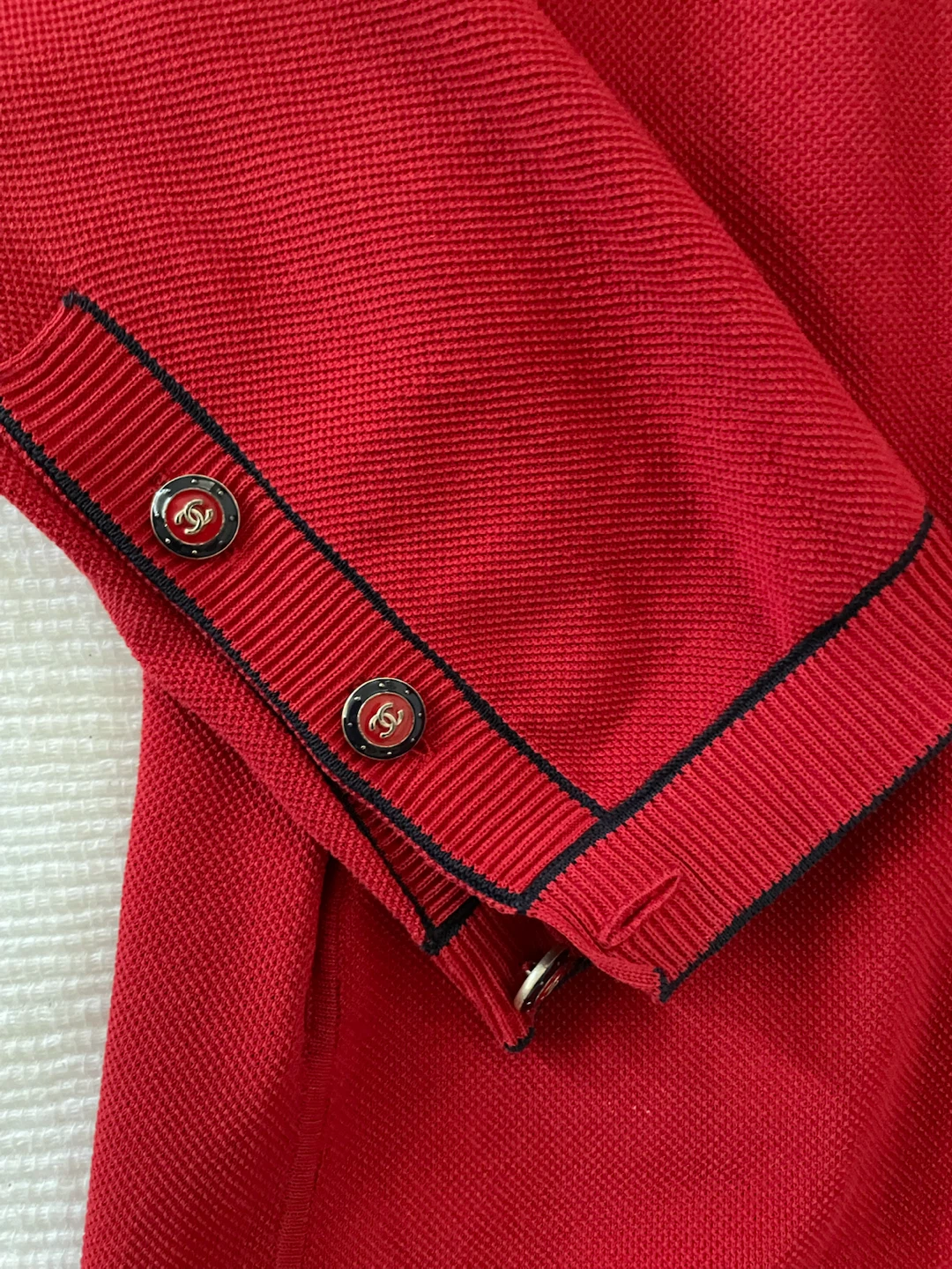 Chanel Red Cardigan with Black Trim and CC Buttons - photo 2