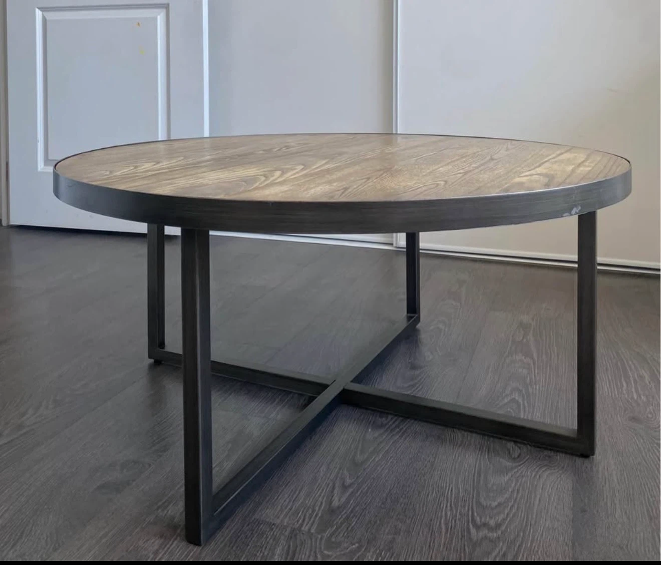 Round Wood Top Coffee Table with Metal Base