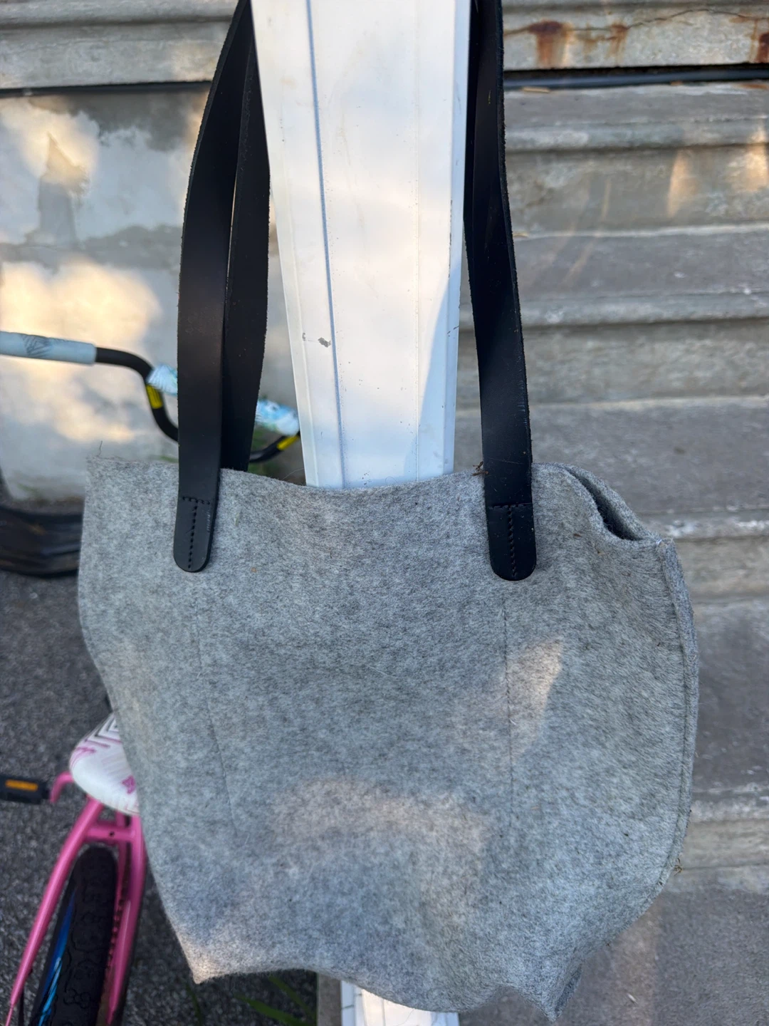 Grey Felt Tote Bag with Black Leather Straps