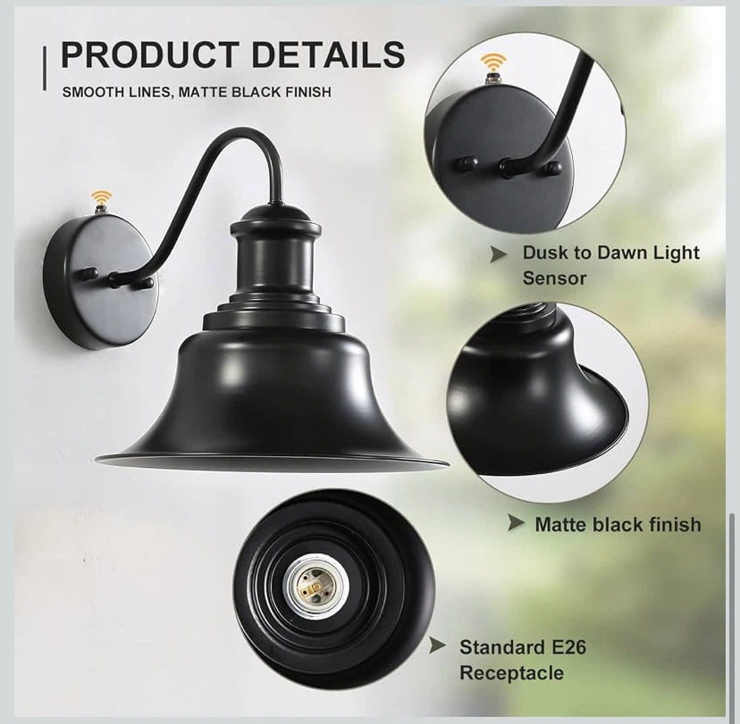 New 2 Pack Dusk to Dawn Outdoor Gooseneck Barn Lights - photo 3