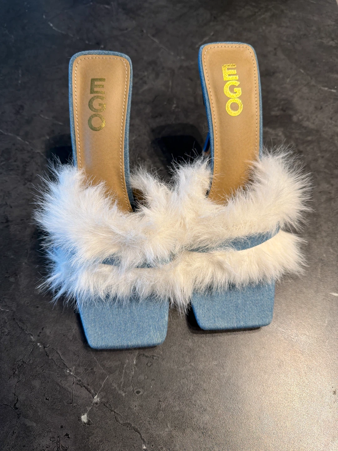 EGO Women's Furry Denim Heeled Sandals Size 9