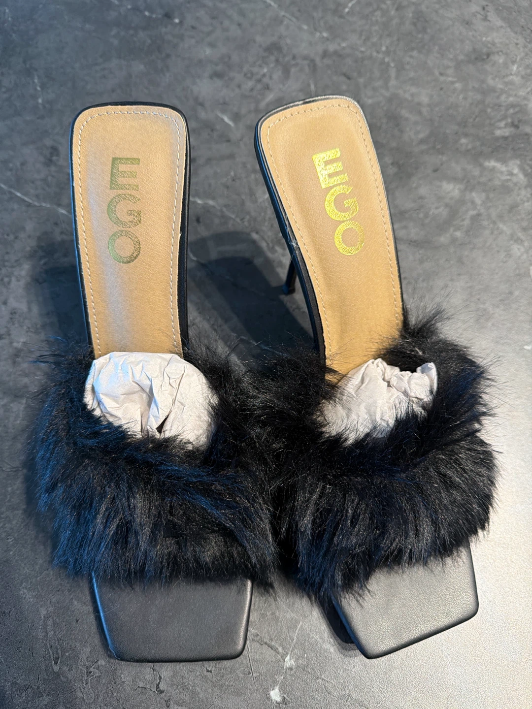 EGO Black Faux Fur Heeled Mules - Size 9