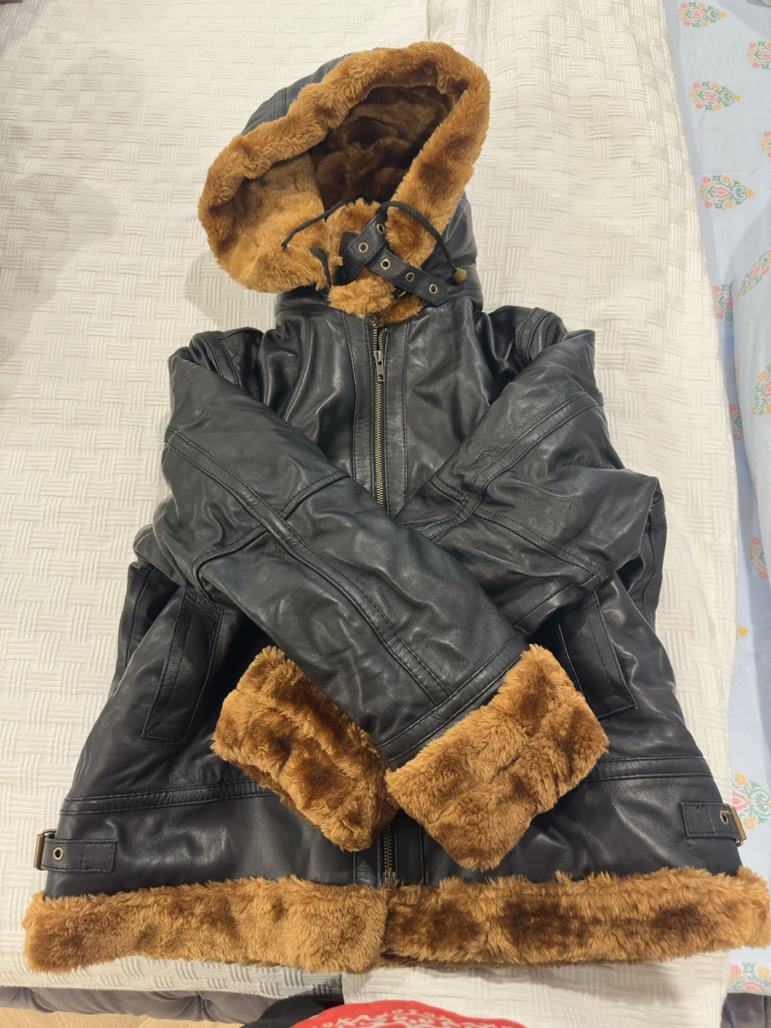 Black Faux Fur Lined Leather Jacket with Hood