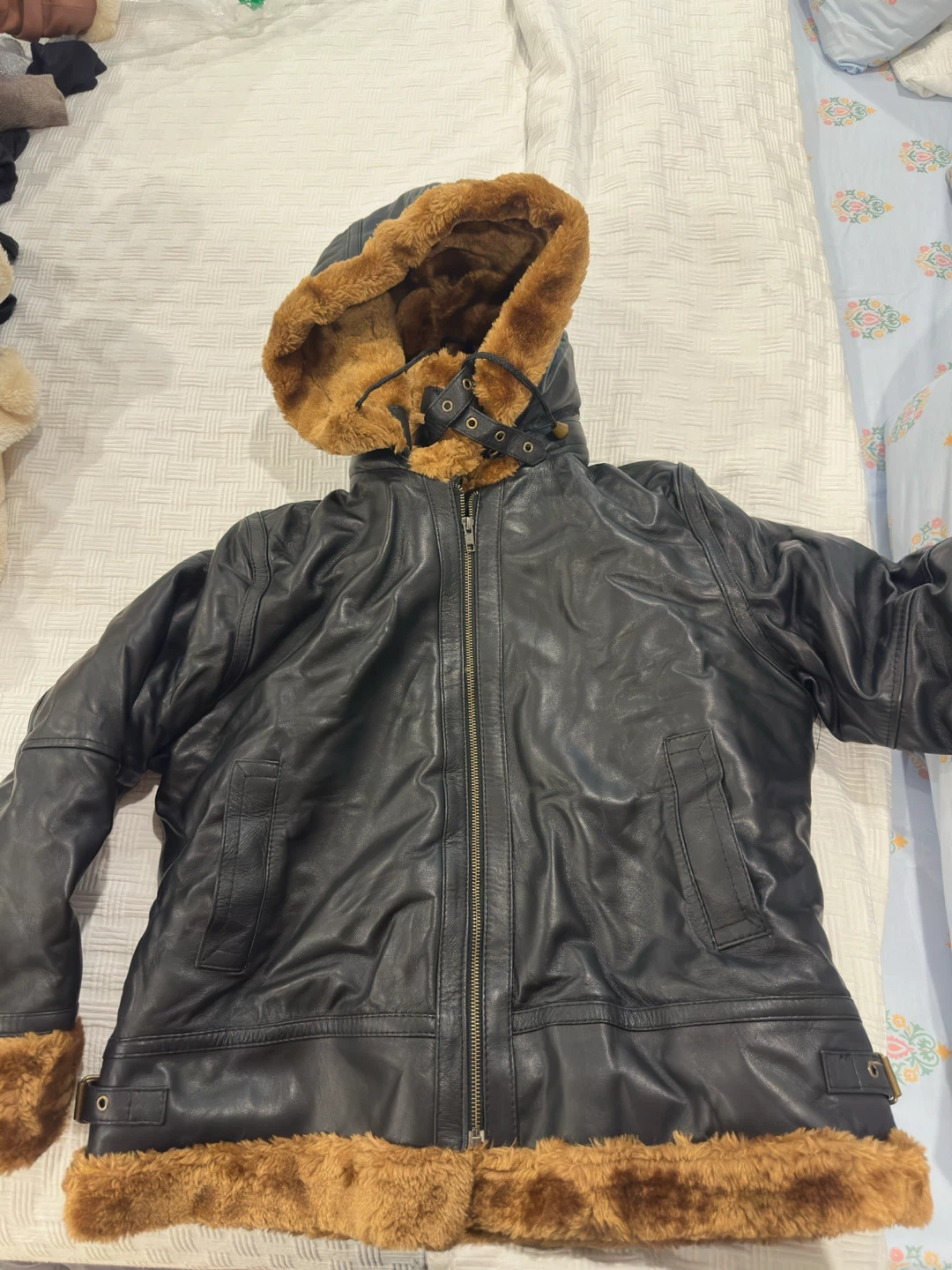 Black Faux Fur Lined Leather Jacket with Hood - photo 2