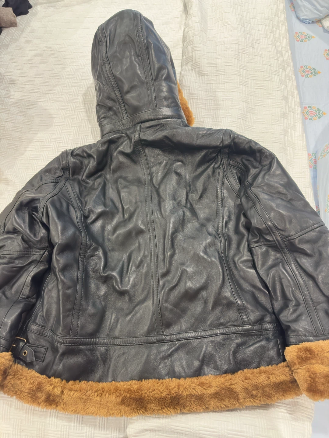 Black Faux Fur Lined Leather Jacket with Hood - photo 3