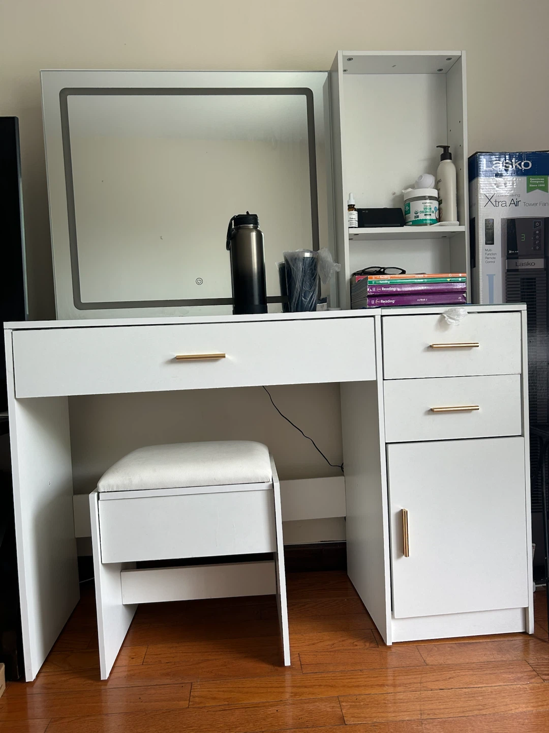 White Vanity Desk with Lighted Mirror and Stool