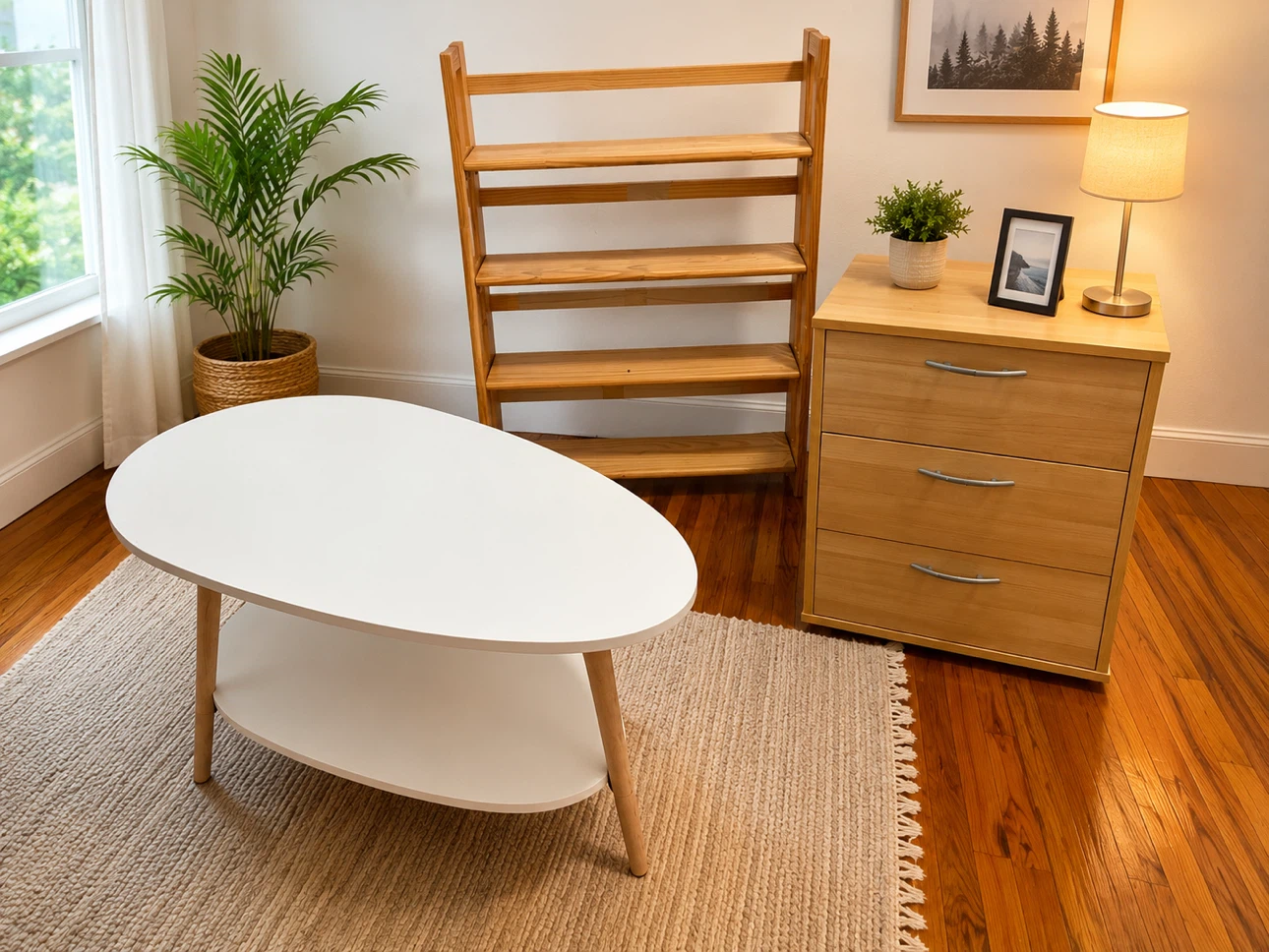 Modern White Oval Coffee Table with Shelf