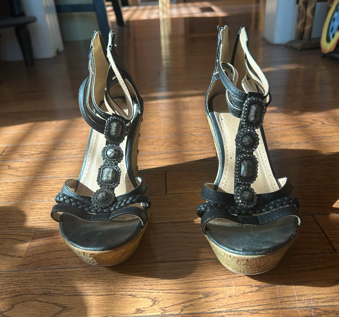Black Wedge Sandals with Embellishments