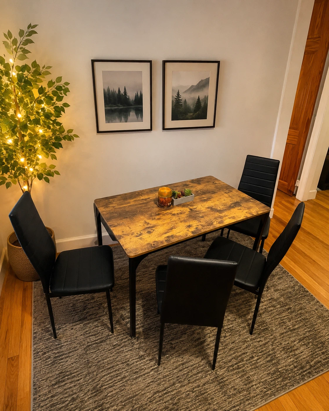 Wood Dining Table Set with 4 Black Chairs
