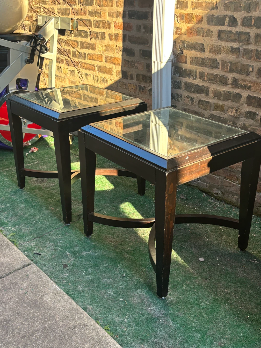 Pair of Dark Wood End Tables with Glass Tops