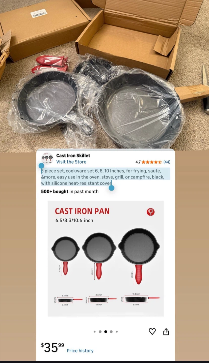 Set of 3 cast iron skillets pans pots