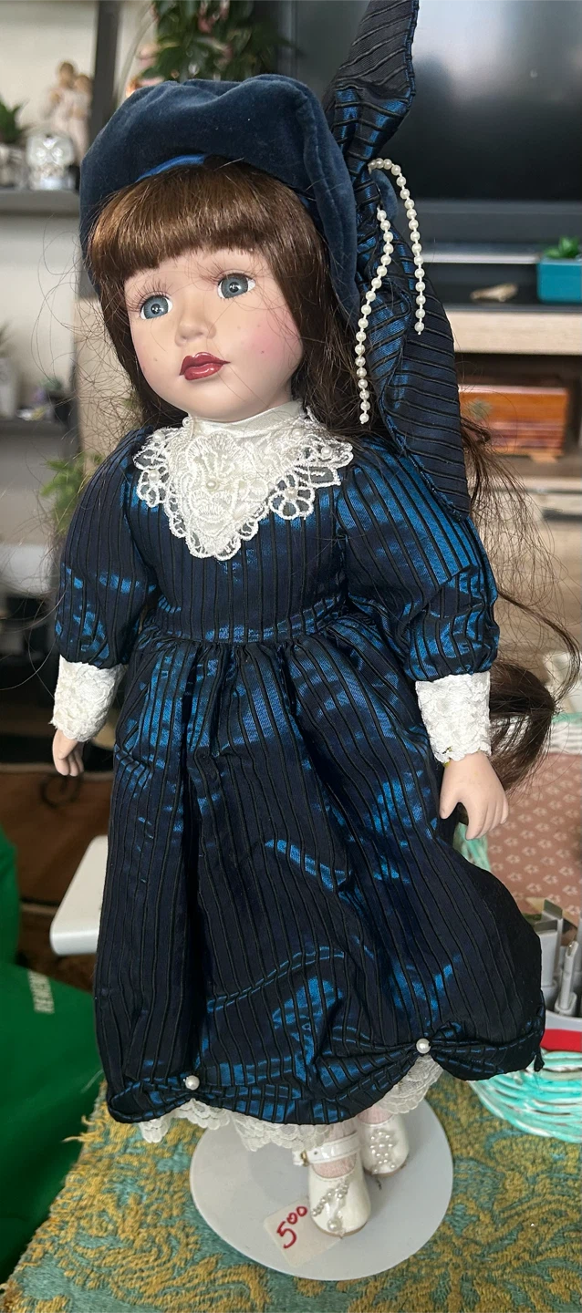 Decorative Porcelain Doll in Blue Victorian Dress
