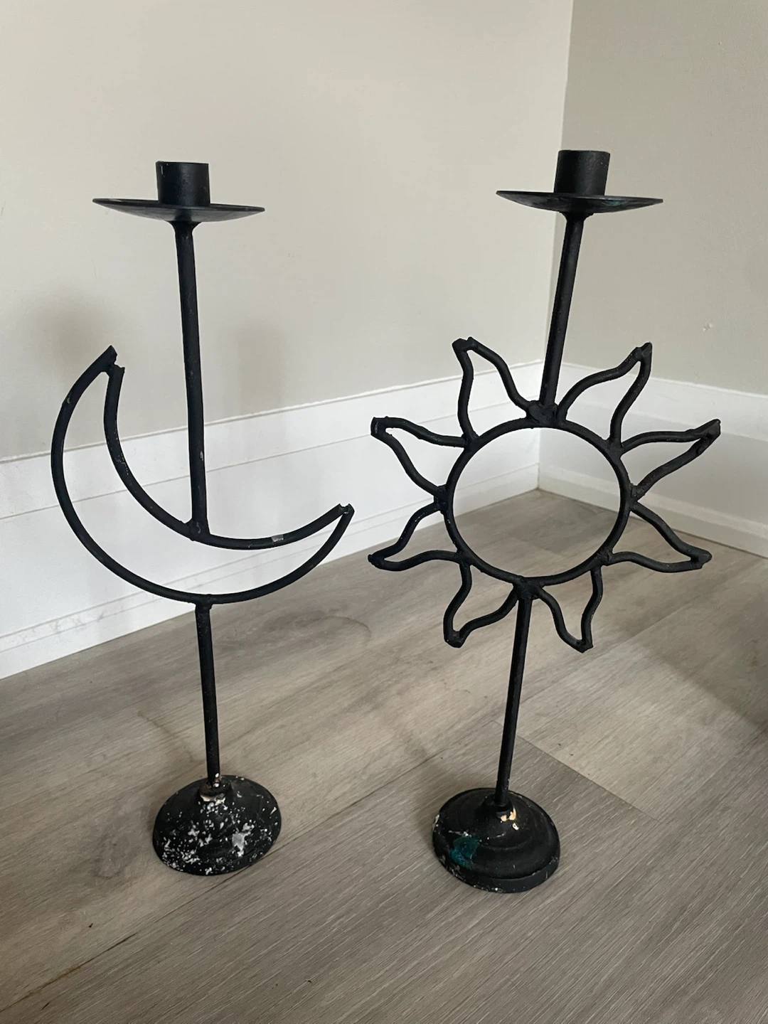 Set of 2 Black Cast iron Moon and Sun Candlesticks