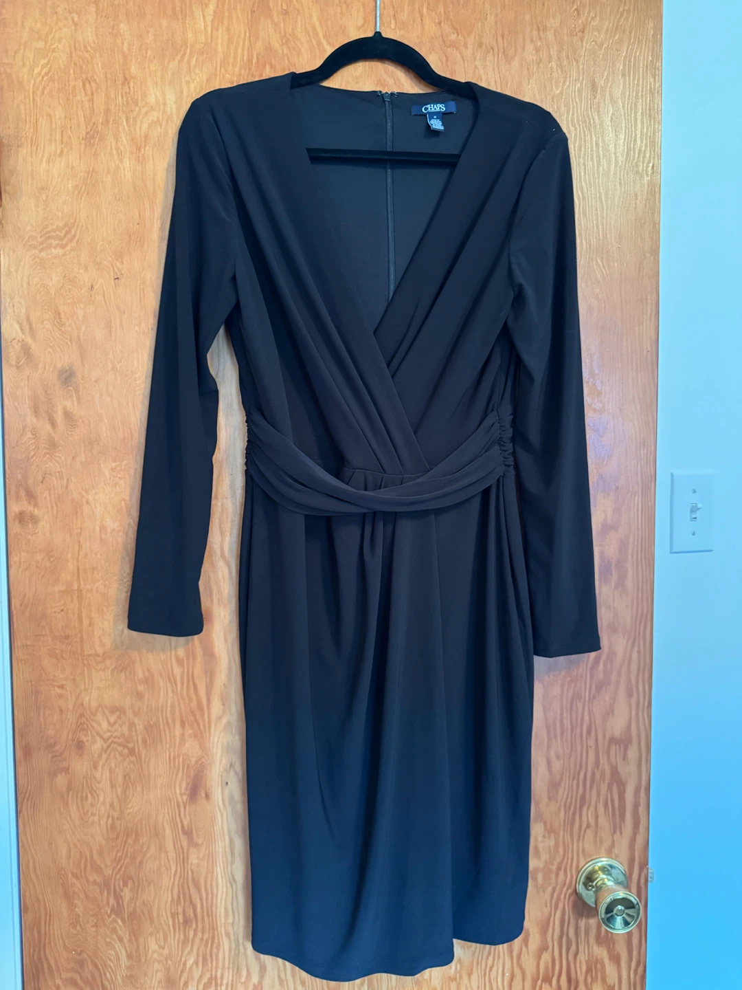 Chaps Black V-Neck Ruched Dress