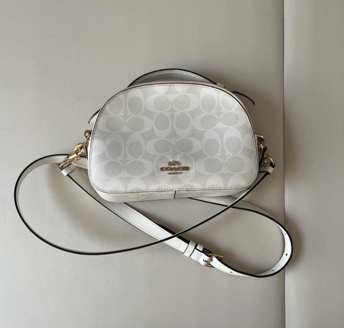 Coach White Signature Mini Camera Crossbody Bag Gold Hardware