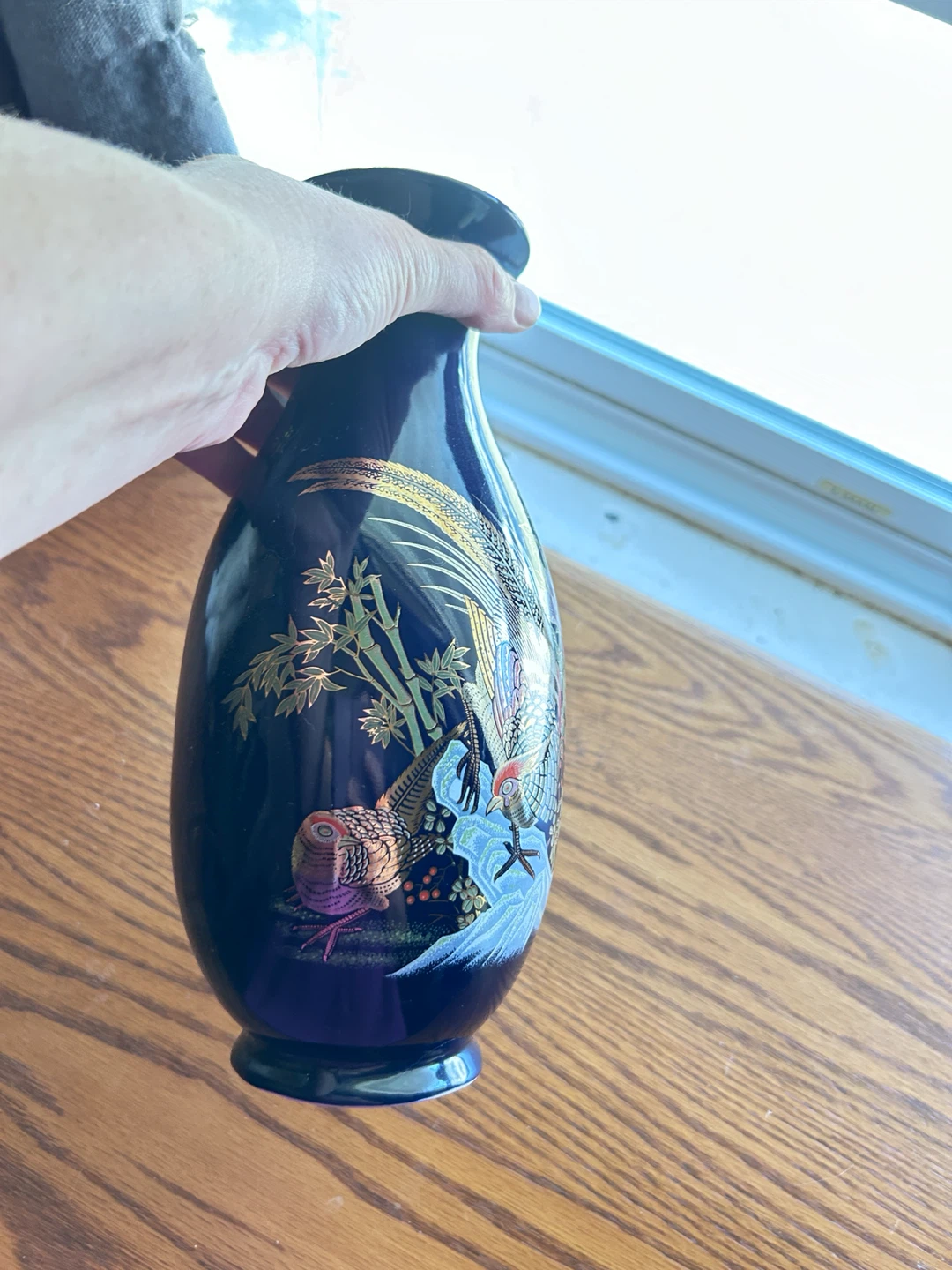 Dark Blue Decorative Vase with Bird and Floral Design