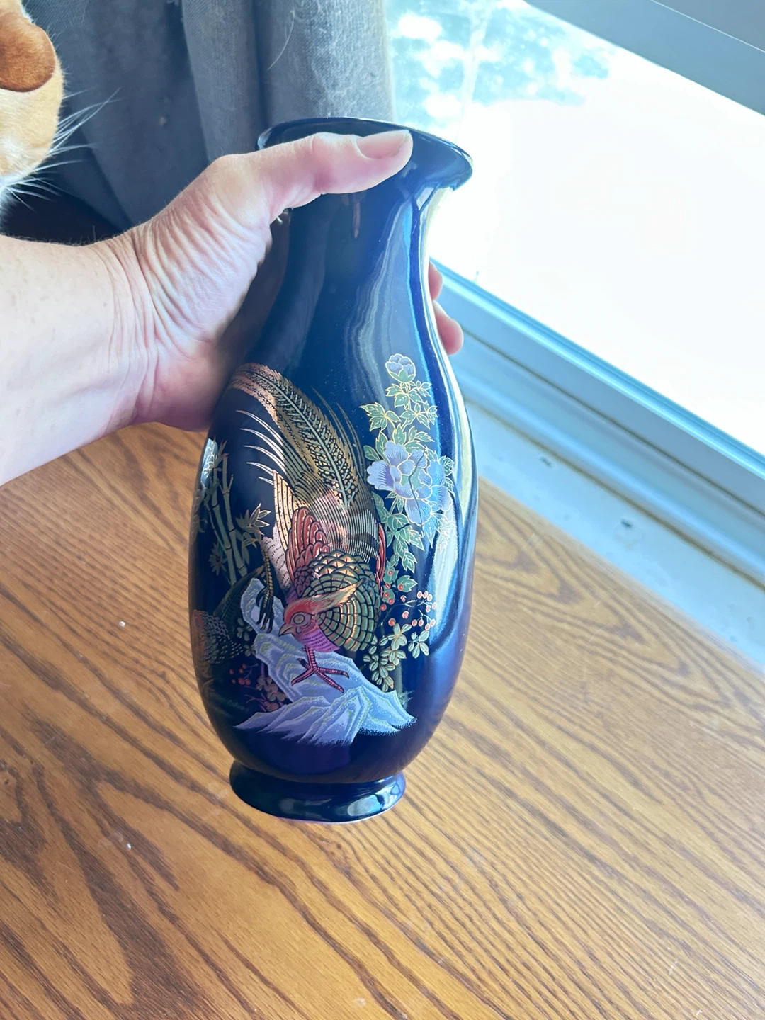 Dark Blue Decorative Vase with Bird and Floral Design - photo 2