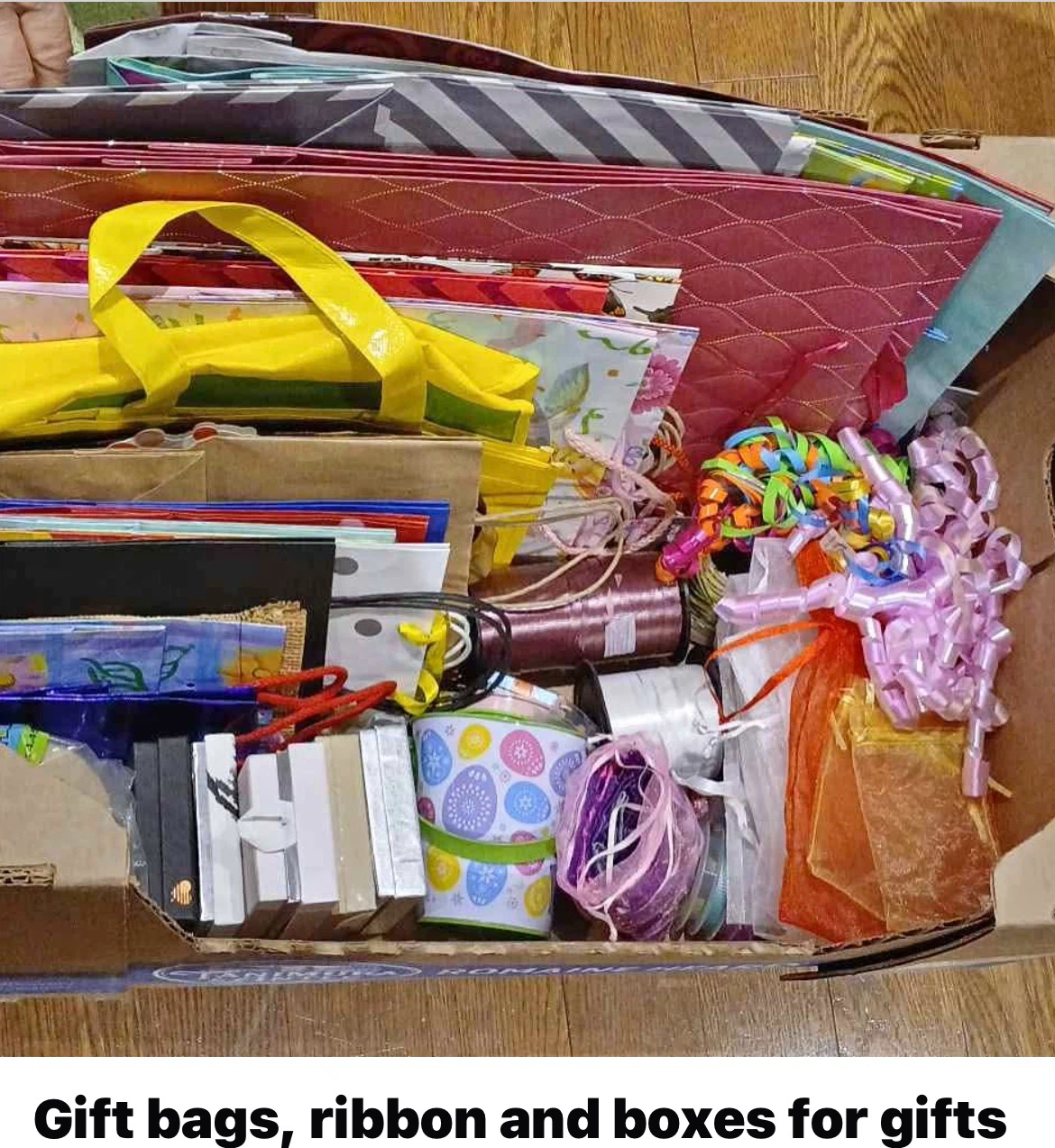Assorted Gift Bags, Ribbon, and Boxes
