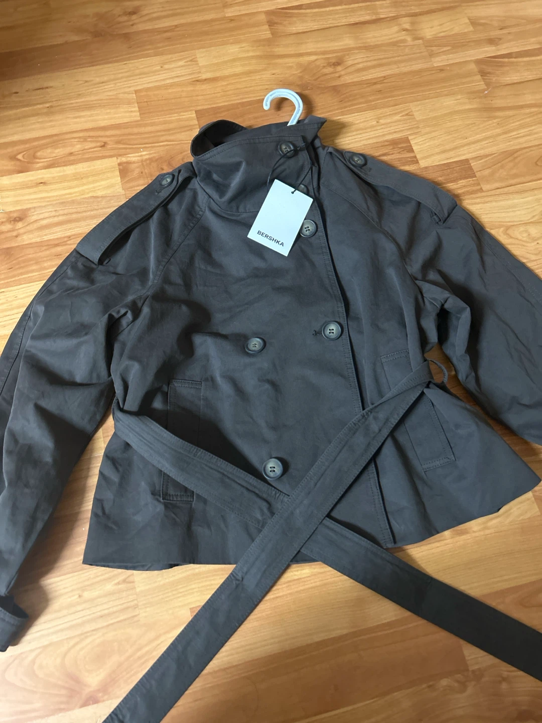 Bershka Brown Double-Breasted Belted Jacket