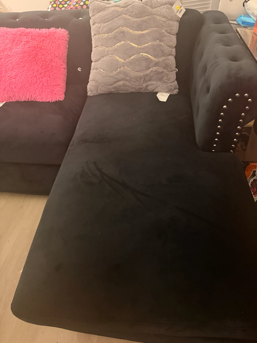 Black Velvet Sectional Sofa with Tufted Accents - photo 2